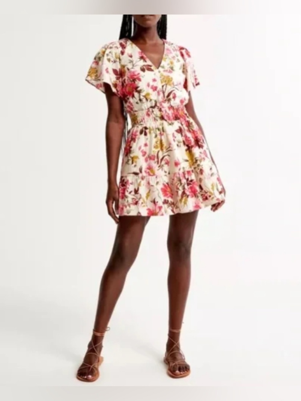 Abercrombie Floral Linen Blend V-Neck Flutter Sleeve Smocked Waist
Mini Dress